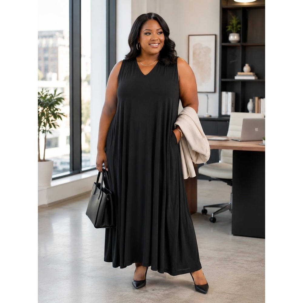 473. Belle by Kim Gravel Black V-Neck Sleeveless Maxi Dress with Pockets 5XP